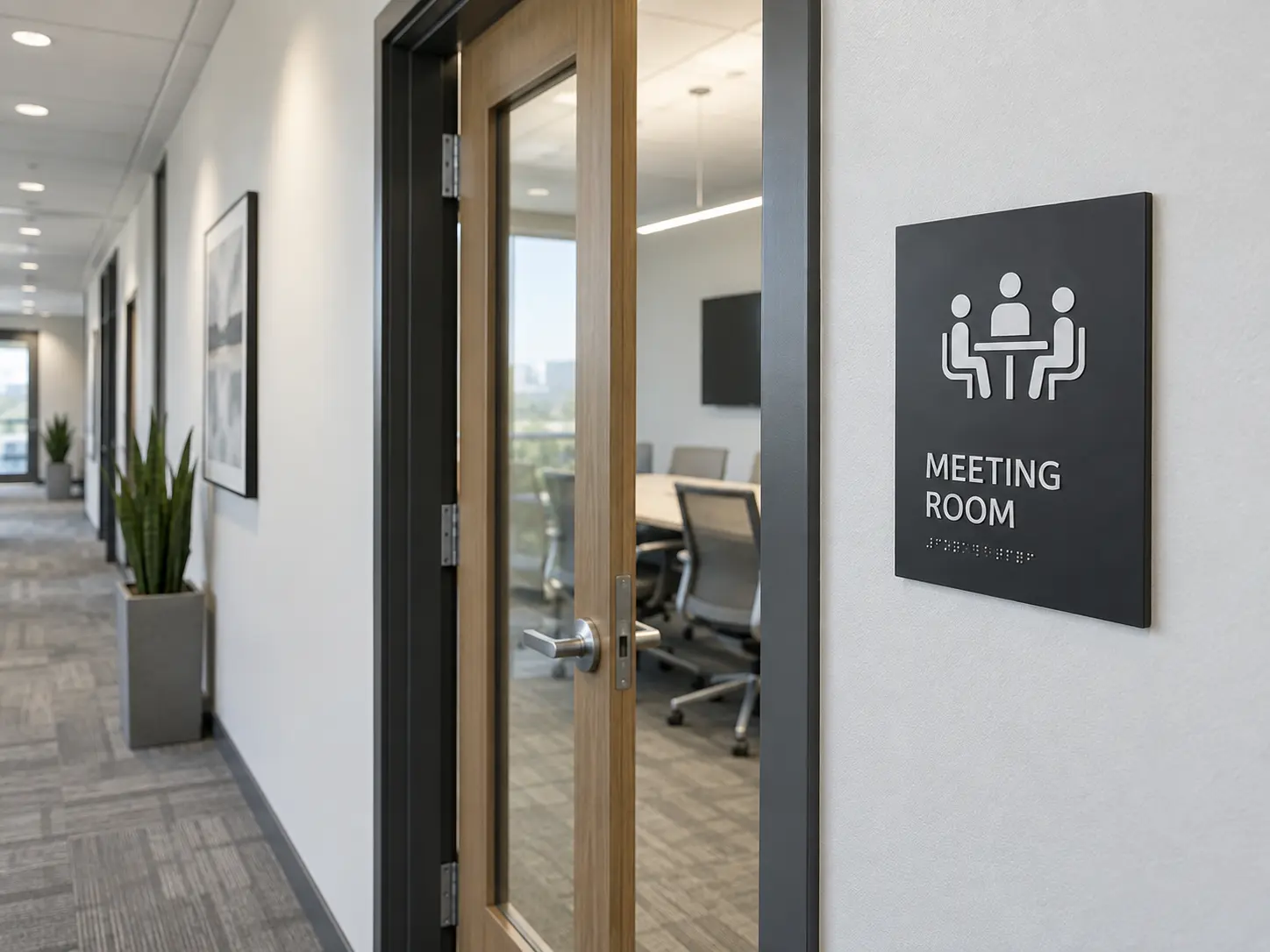 Representative interior room-identification and wayfinding sign