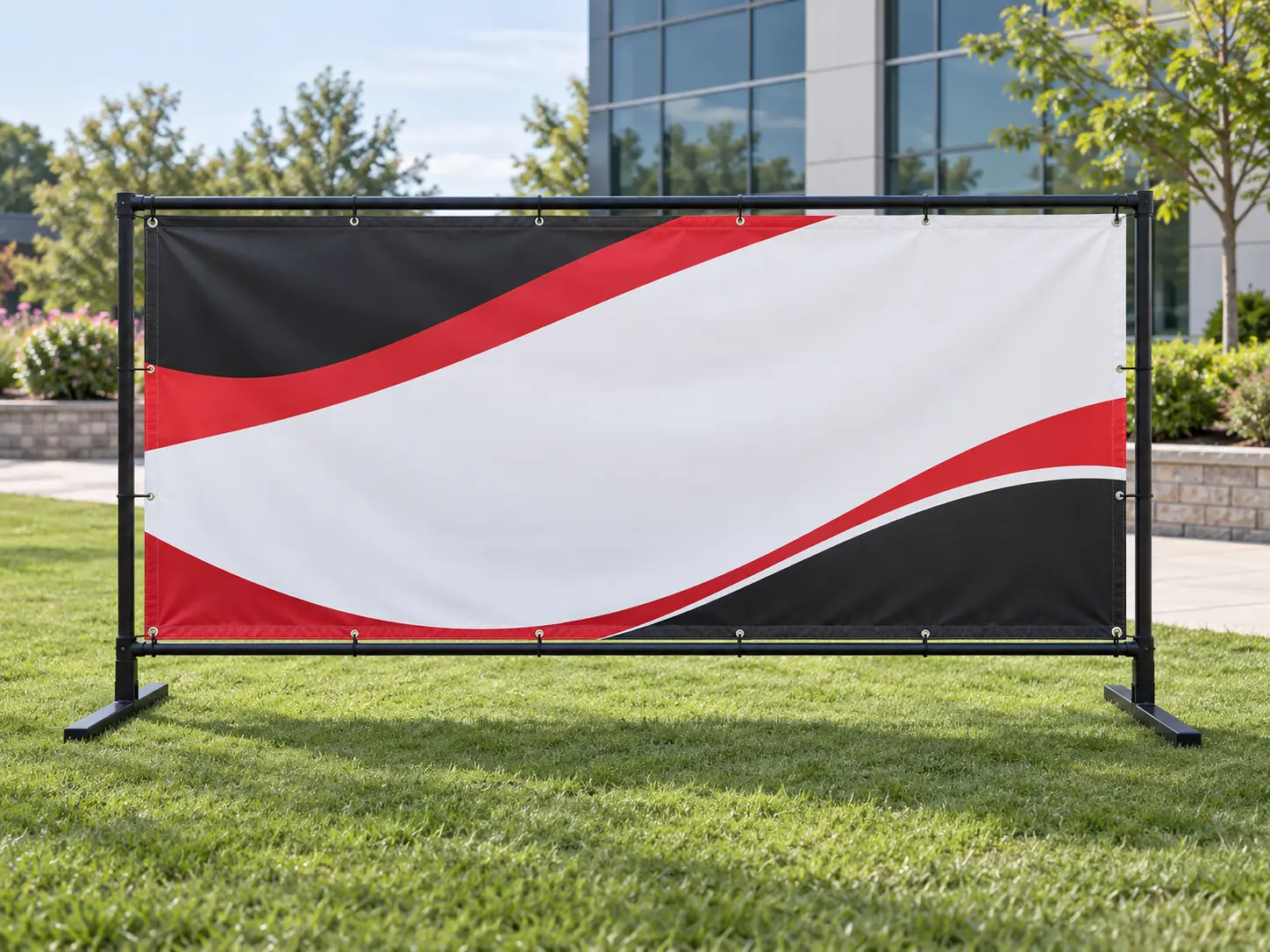 Representative printed banner held taut in a reusable freestanding frame
