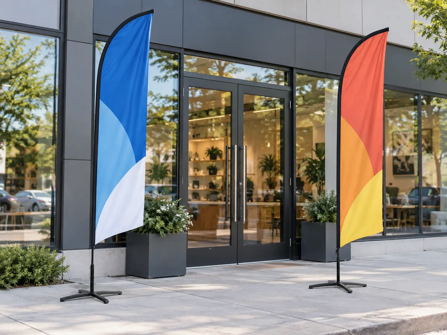 Representative printed feather flags mounted on portable stands