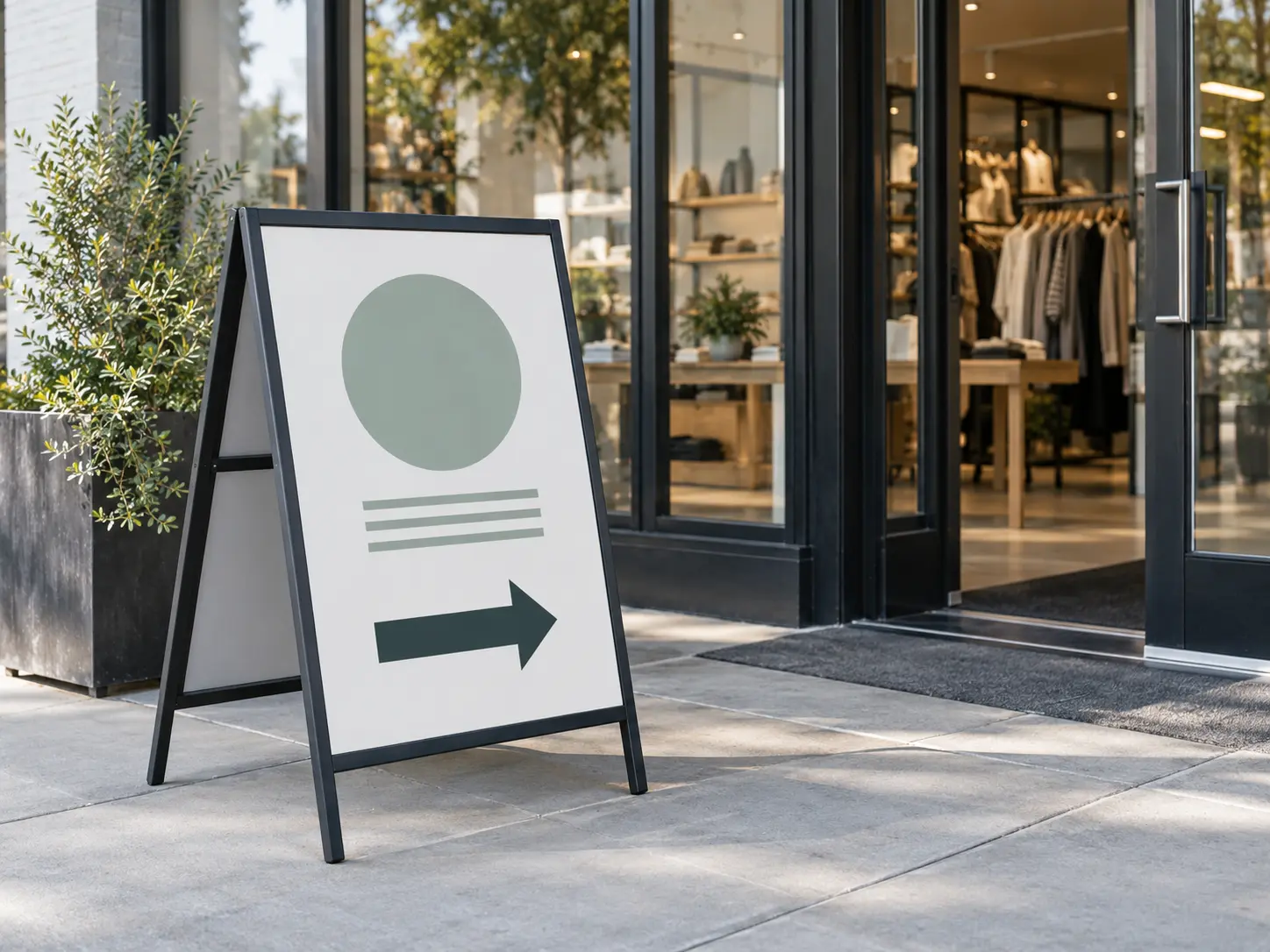 Representative portable A-frame sidewalk sign outside a storefront