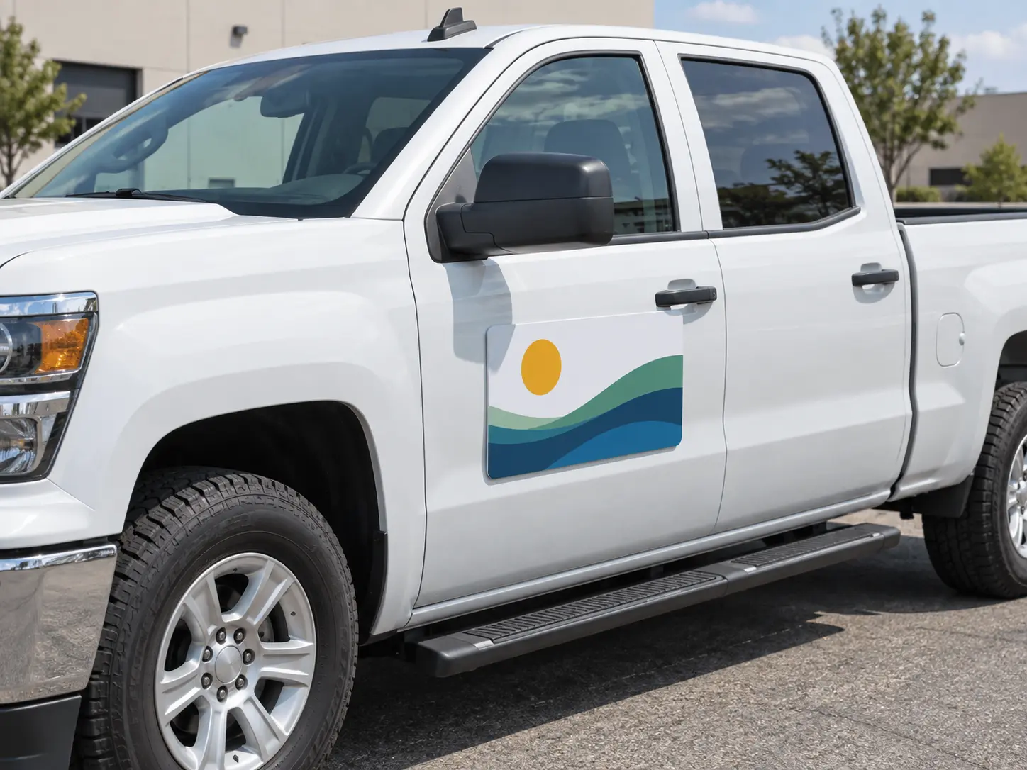 Representative removable magnetic business sign attached to a pickup-truck door